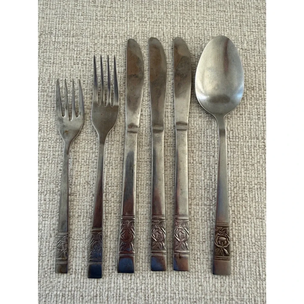 Vintage Laureen Black Rose Pattern‎ Flatware National Stainless Lot of 6